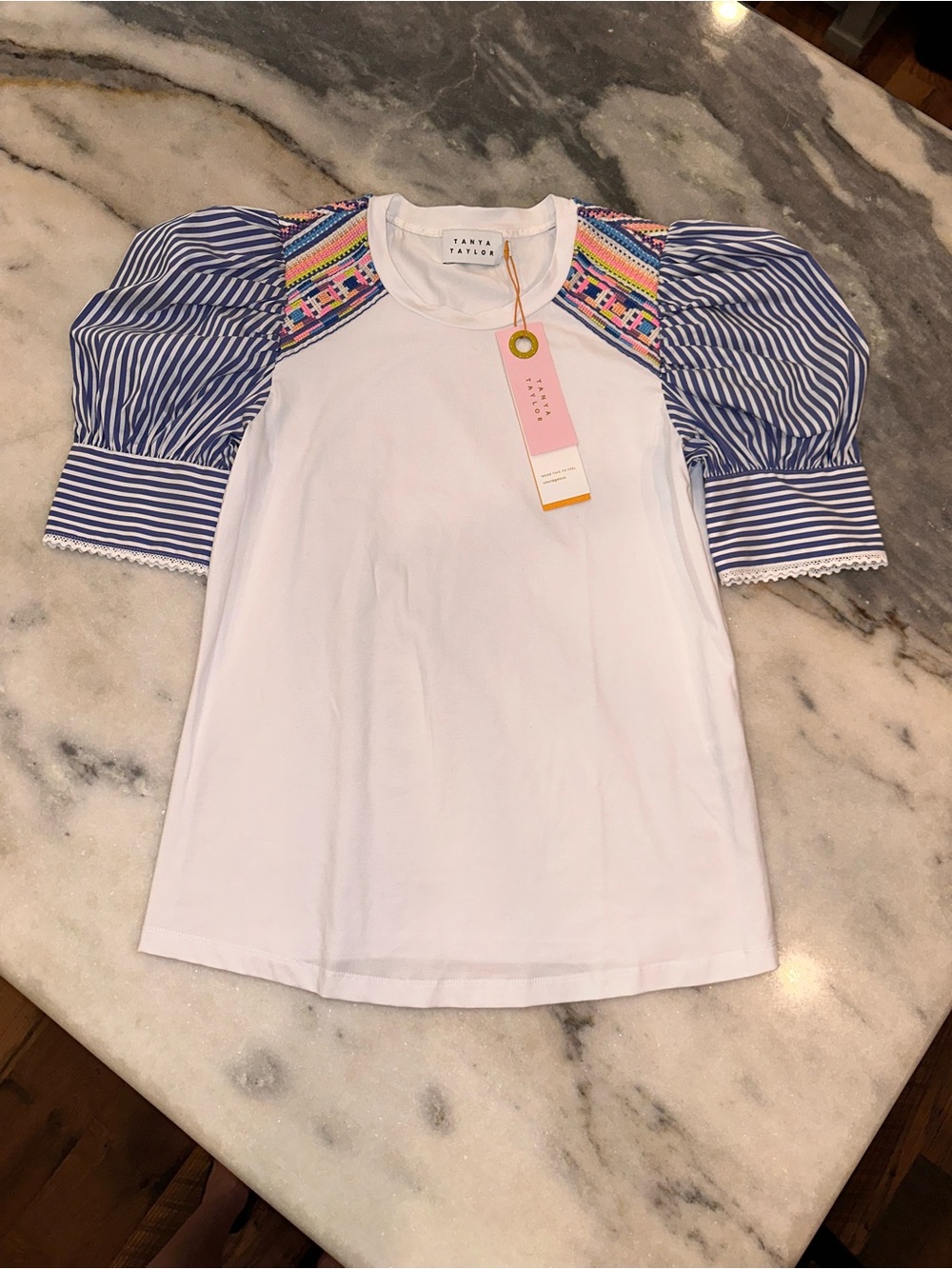 NWT Tanya Taylor Size XS Maddie Top Women’s White Embroidered Striped Sleeves - Picture 4 of 15